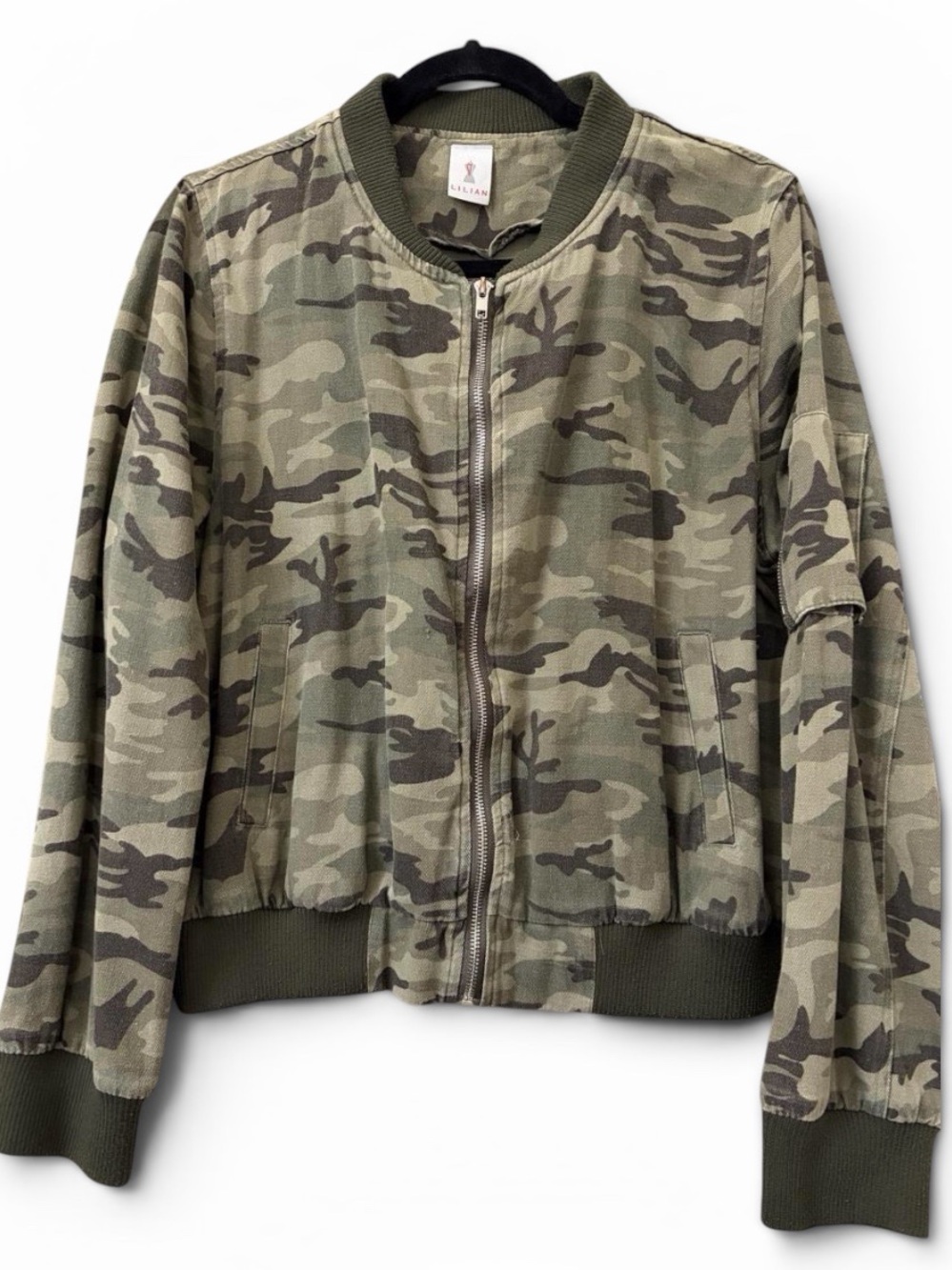 Lilian Y2K Camo Bomber Jacket Lightweight Zip Front Utility Pocket Green Size XL
